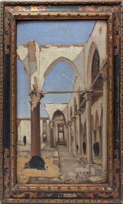 an old painting of a courtyard with columns and arches