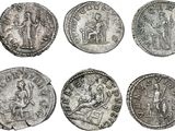 six ancient roman coins with the image of a man and a woman on them