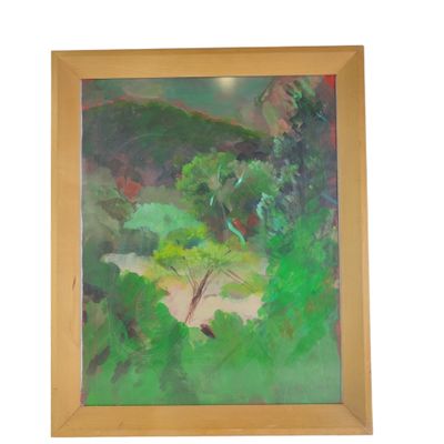 une peinture à l'huile représentant un arbre dans un champ, avec des collines en arrière-plan