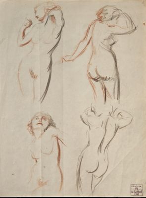 three sketches of a woman standing, seated, standing, and standing