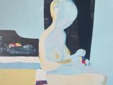 a painting of a person sitting on a rug