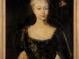 a painting of a woman in a black dress holding a fan
