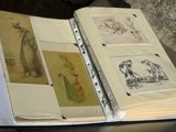 un livre ouvert, sur lequel figurent des dessins, posé sur une table
