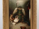 an image of a painting of a dog sitting on a table next to a bowl of food