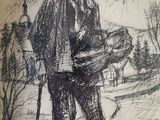drawing of a man with a hat and a cane standing in a field