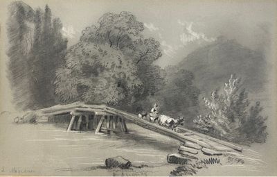 un dessin en noir et blanc représentant des chevaux traversant un pont
