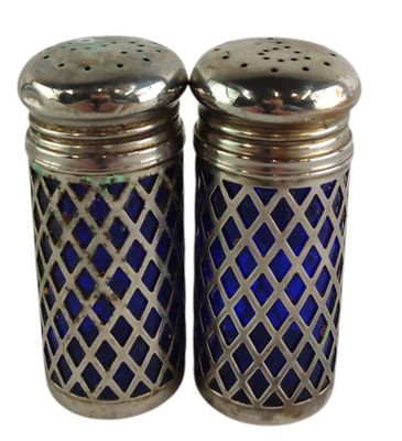 pair of silver and blue glass salt and pepper shakers