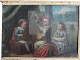 an old painting of three children sitting in front of a mirror