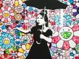 tableau représentant une jeune fille tenant un parapluie dans un champ de fleurs