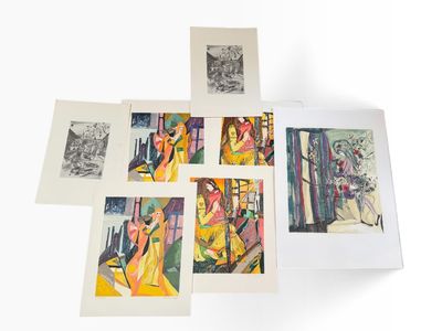 une série de six tableaux représentant des femmes en robe jaune