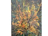 painting of a tree with yellow and green leaves on a black background