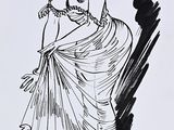 dessin d'une femme en robe debout à côté d'un dessin en noir et blanc représentant une femme