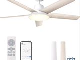 a white ceiling fan with a remote control next to it