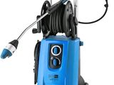 a blue pressurer on a white background with a hose