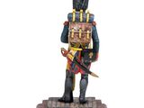 statue of a soldier holding a box and a sword on a wooden base