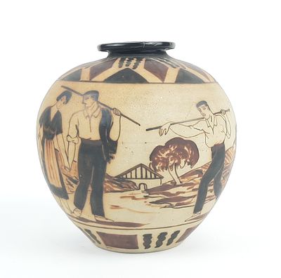 a vase that has a picture of a man and a woman on it