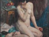 painting of a nude woman sitting on a bed with a bowl of fruit in front of her