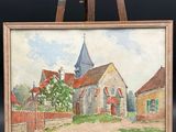 an oil painting of a church on an easel with a black background