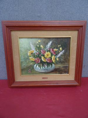 painting of a vase of flowers on a table with a red table cloth