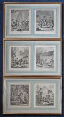 three framed pictures of a group of people in a room