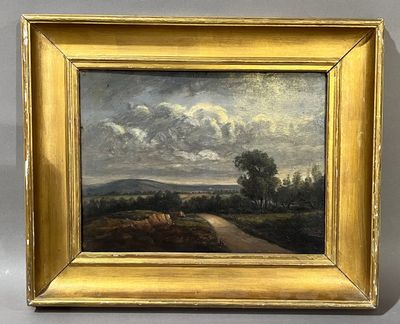 an oil painting of a landscape with a road in the foreground
