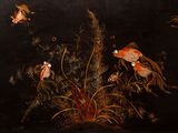 a painting of fish and plants on a black background