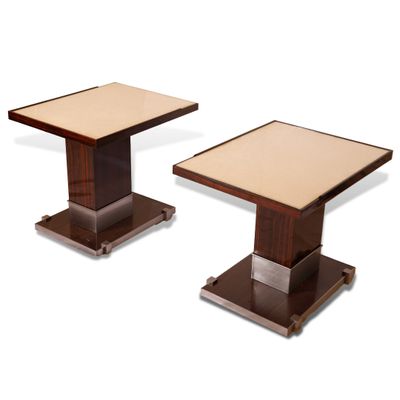 paire de tables d'appoint Art déco en noyer et marbre blanc