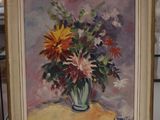 une peinture de fleurs dans un vase sur une table