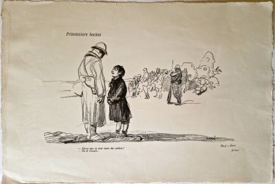 un vieux dessin représentant un homme et une petite fille debout devant une foule