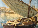 un tableau représentant un bateau sur l'eau, avec une ville en arrière-plan