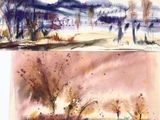 two watercolor paintings of a landscape with a boat in the water