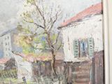 une peinture sur le mur d'un immeuble, devant laquelle se trouvent un cheval et une calèche
