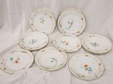six plates with floral designs are arranged on a white table cloth