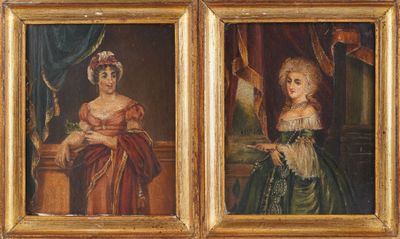 two paintings of women in period dress standing next to each other