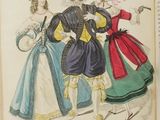 an open book with a drawing of a group of people dressed in fancy clothing