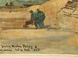 a painting of a man and a dog on the beach