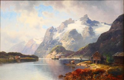 un tableau représentant un paysage de montagne avec un bateau sur l'eau