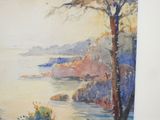 a watercolor painting of a tree by a body of water