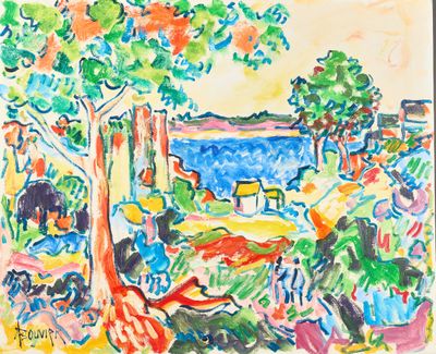 an image of a painting of people sitting on the grass by the water