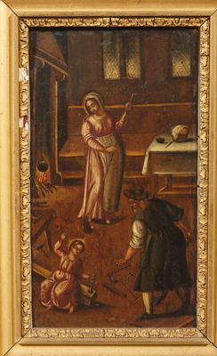 une image d'un tableau représentant une femme et deux enfants dans une pièce