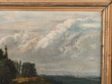 an oil painting of a landscape with a river and trees in the foreground