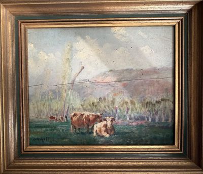 une peinture à l'huile représentant une vache et son veau dans un champ