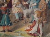 a painting of a group of children playing with a dog