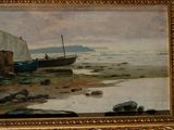 a picture of a painting of a boat on the beach