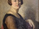 an old painting of a woman in a black dress with a pink scarf