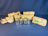 several bags of food are sitting on a blue surface