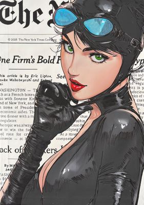 Catwoman en combinaison noire, avec des lunettes de protection et des gants