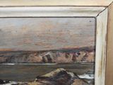 an oil painting of a rocky coast with a boat in the distance