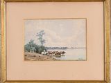 painting of cows by a river with a bridge in the background