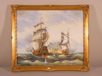 an oil painting of two ships in a body of water